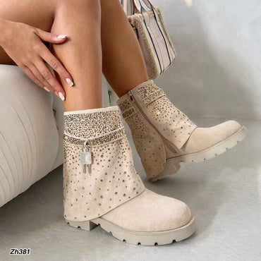 Botin beige doblez apliques dorado brillantes suela 4cm  HX3202-B9663
