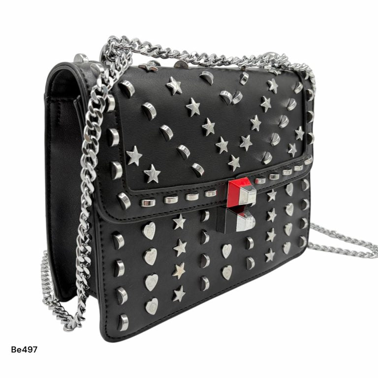 Bolso negro apliques y cadena plateado   24cm* 9cm* 18cm   C - 23196-A