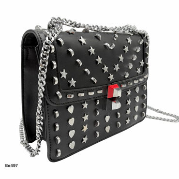 Bolso negro apliques y cadena plateado   24cm* 9cm* 18cm   C - 23196-A