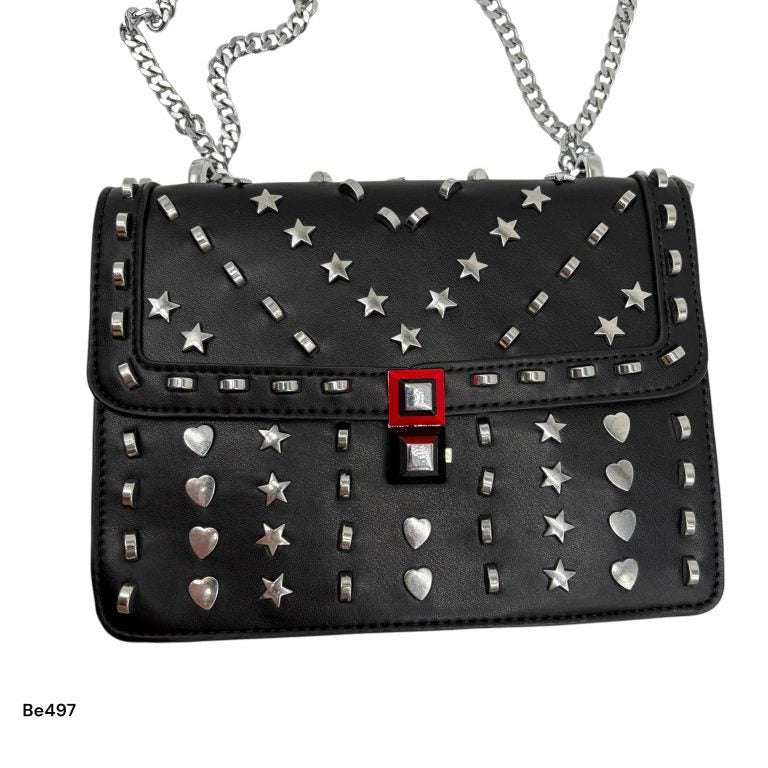 Bolso negro apliques y cadena plateado   24cm* 9cm* 18cm   C - 23196-A