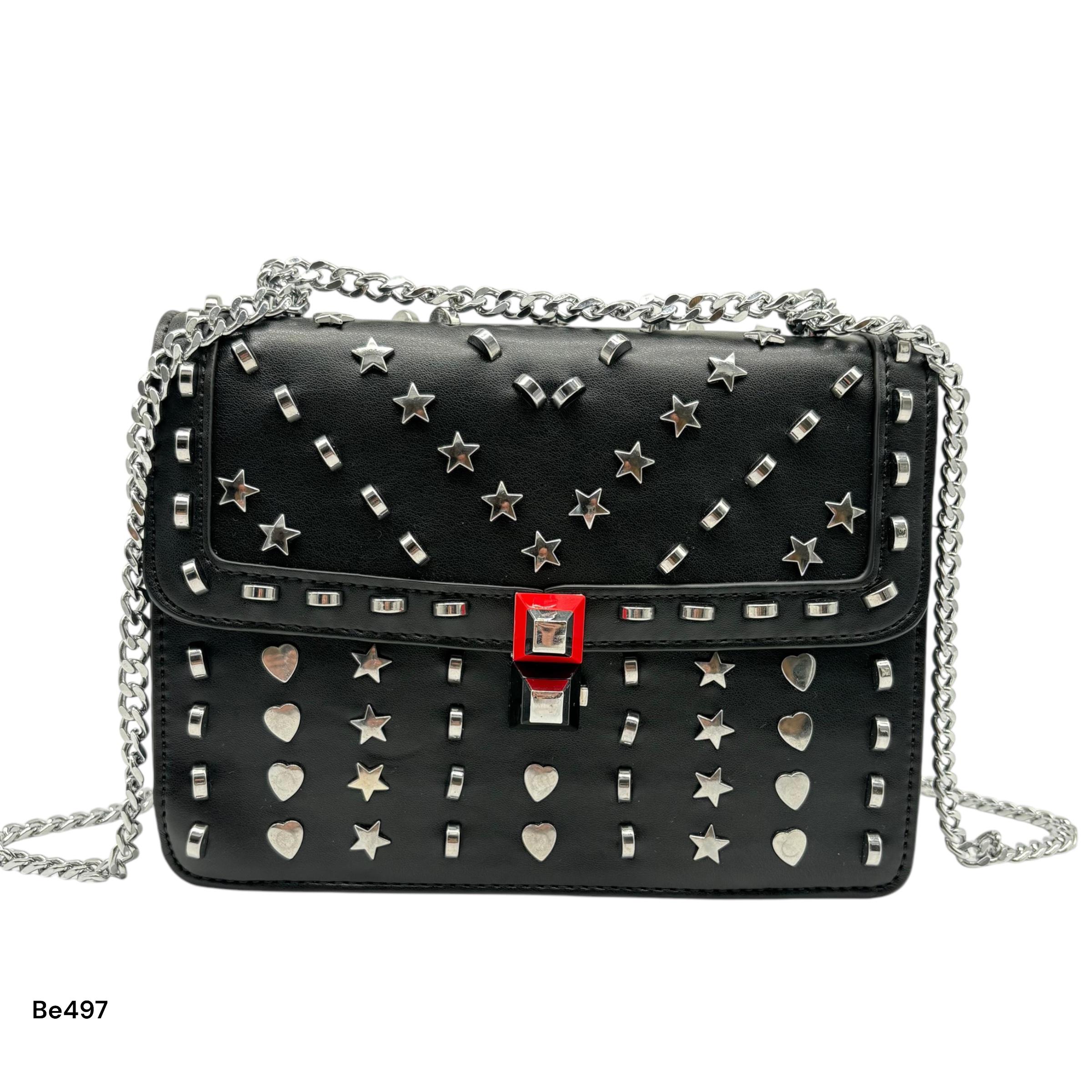 Bolso negro apliques y cadena plateado   24cm* 9cm* 18cm   C - 23196-A