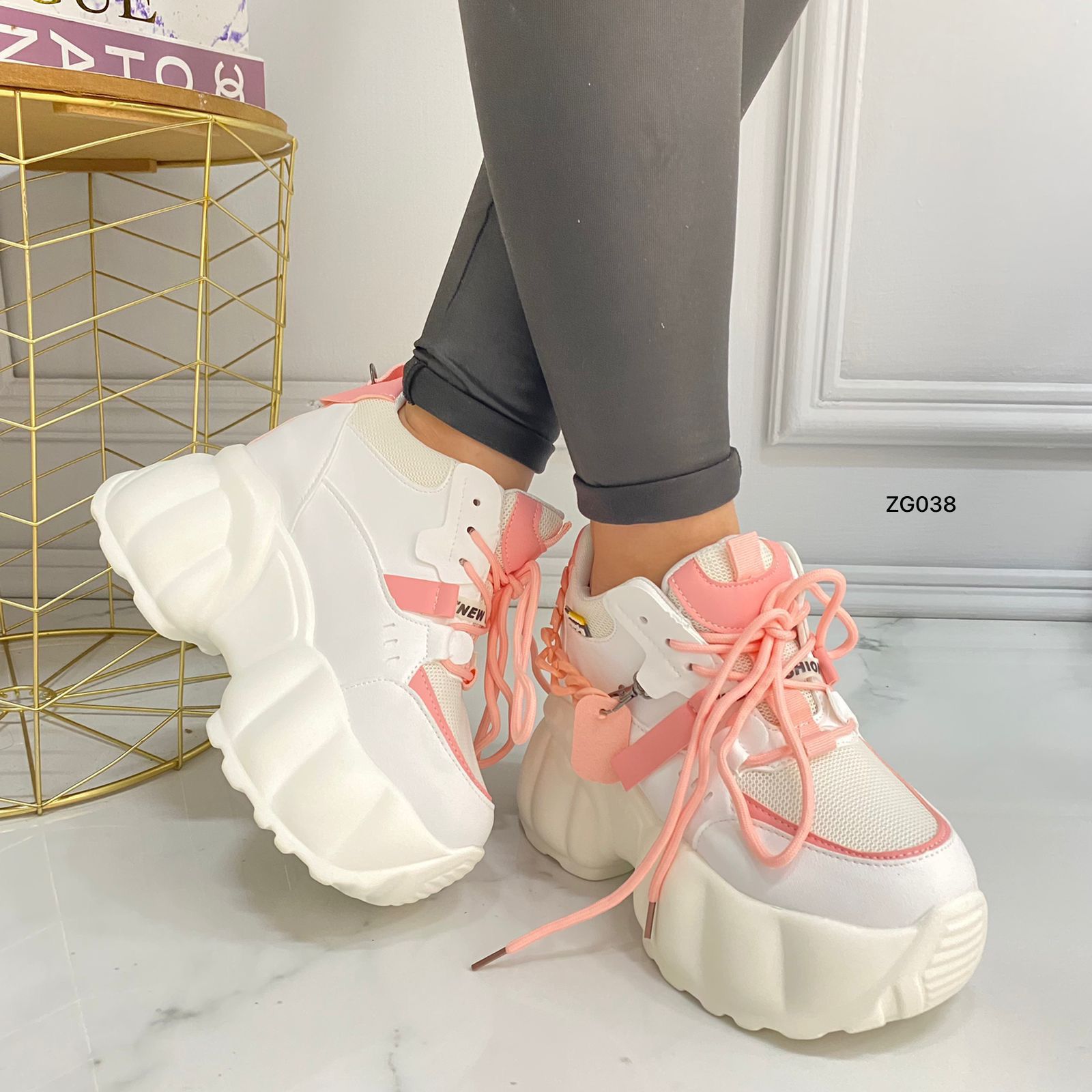 Tenis blanco detalles rosado plataforma 6cm  TNS01#  C-1