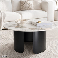 Mesa de centro piedra blanco con betas base metal negro    80cm* 40cm