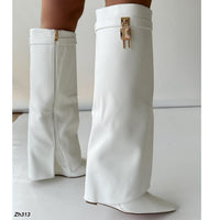 Bota caña alta blanco doblez detalle dorado tacon corrido 11cm  52166  C-96