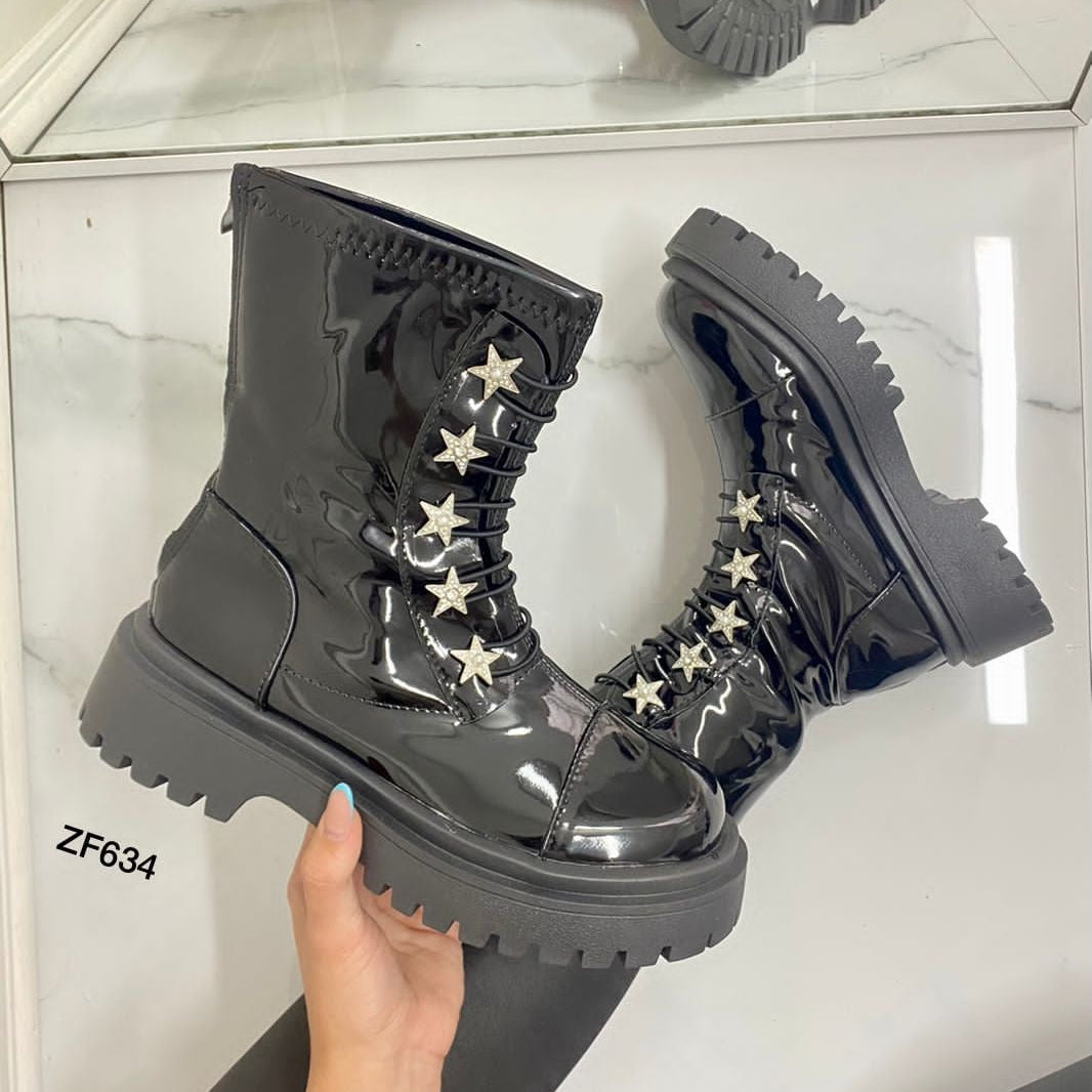 Botin negro charol apliques brillantes suela 3cm    BT75#  C-1