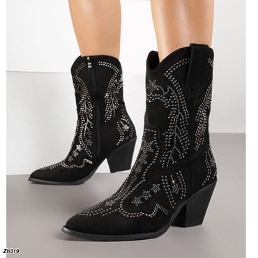 Botin texano negro apliques plateado tacon 8cm  M-824  C-105