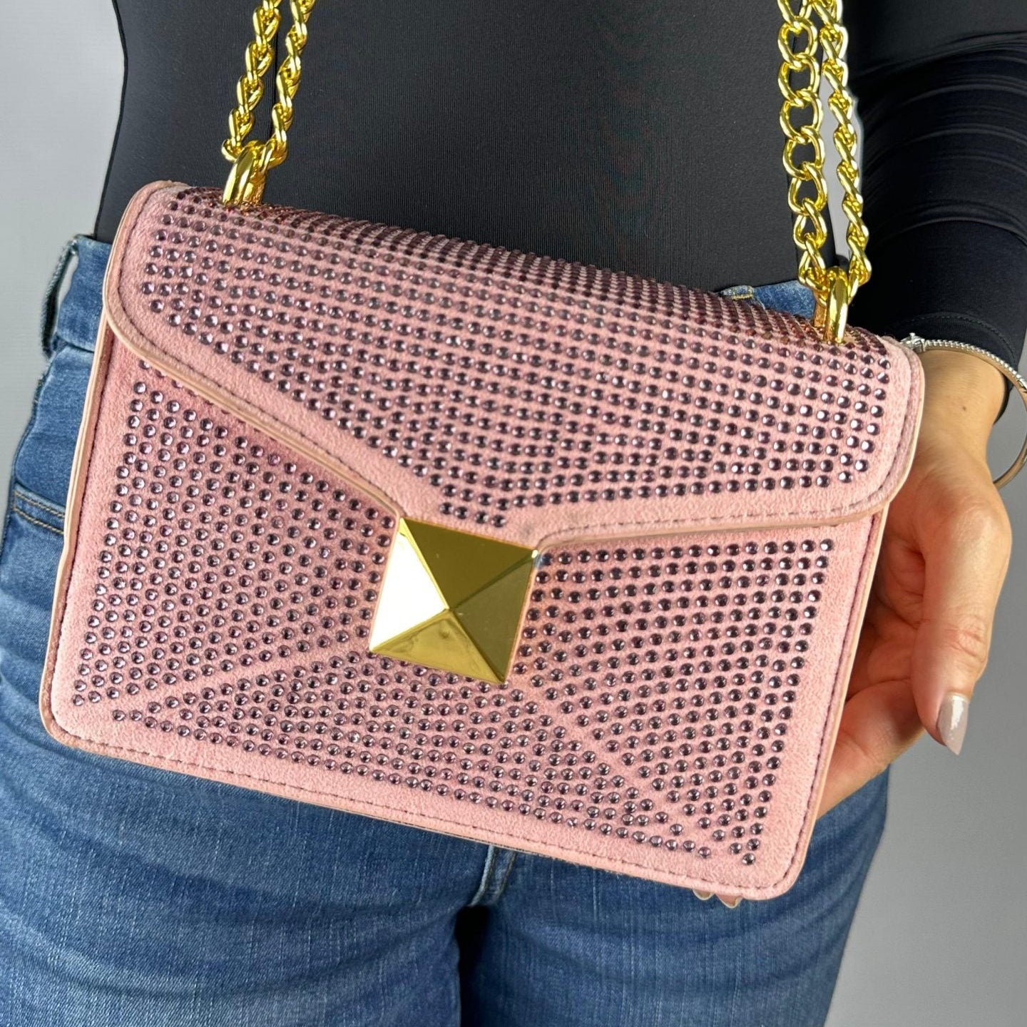 Bolso rosa apliques brillantes detalle cadena dorada 20cm* 17cm* 5cm  3038#  C-B