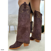 Bota texana cafe doblez apliques brillantes tacon 7cm  HX3170-B9577