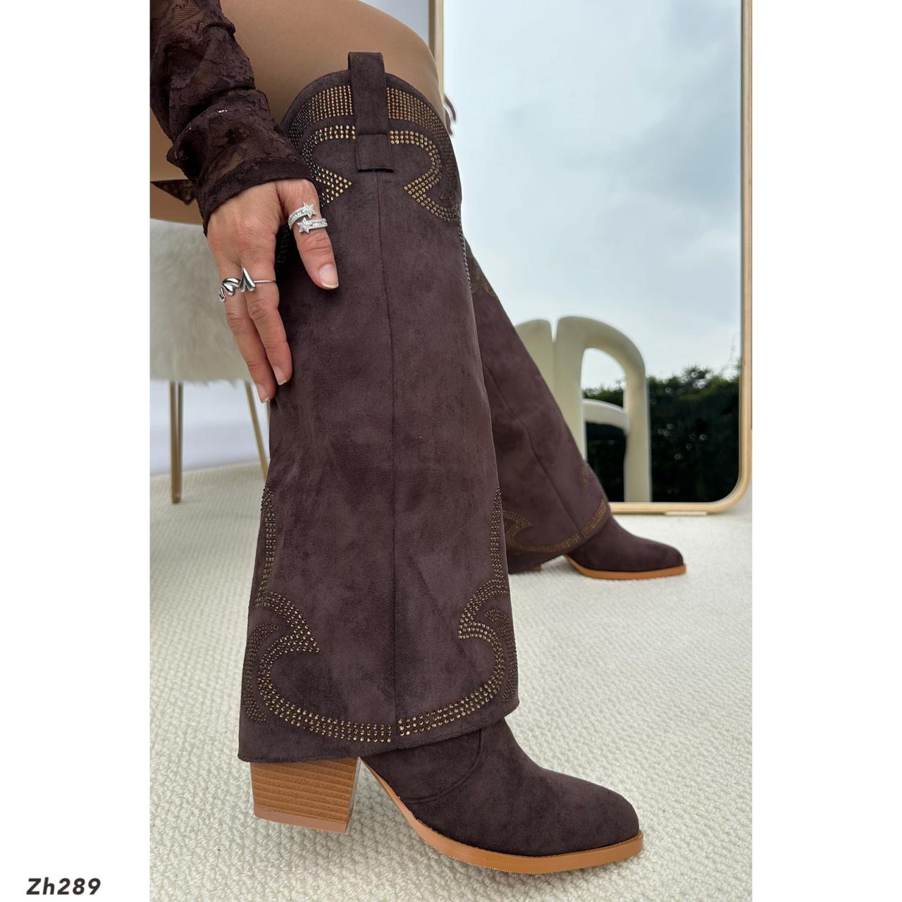 Bota texana cafe doblez apliques brillantes tacon 7cm  HX3170-B9577