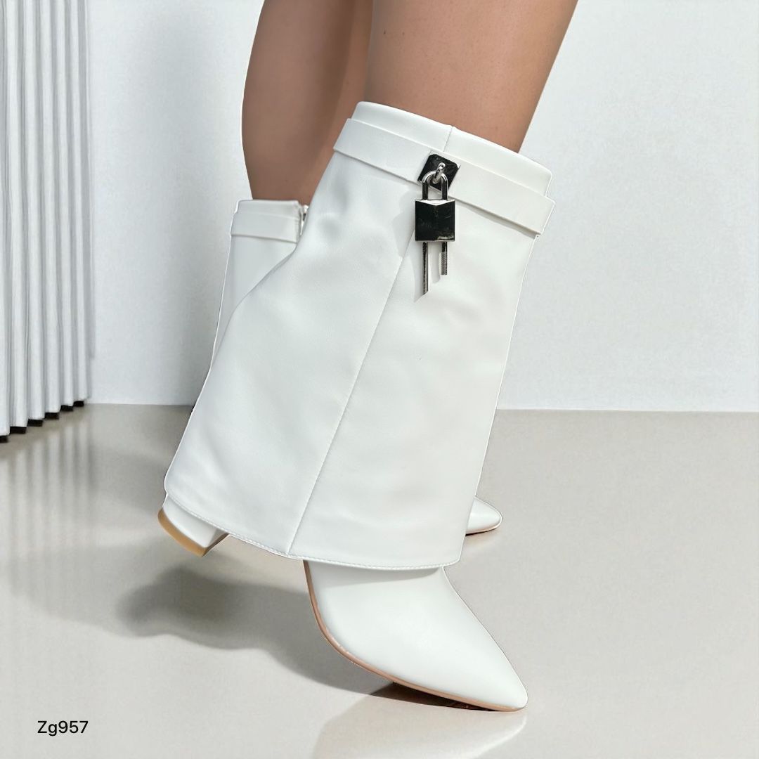 Botin blanco doblez detalle plateado tacon 8cm  255-019