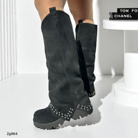 Bota caña alta negro doblez apliques plateado suela 5cm  A9992  C-32