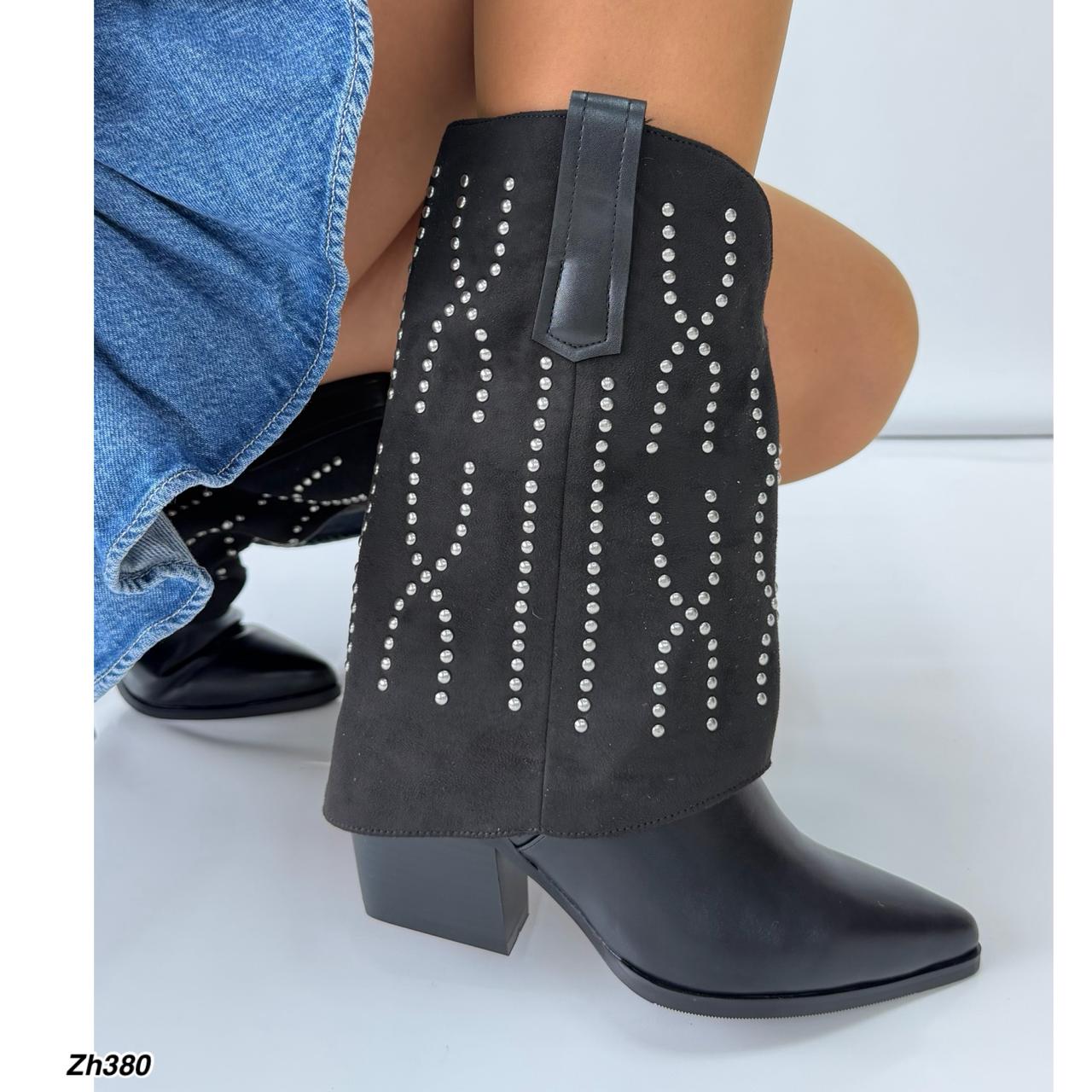 Bota texana negro doblez apliques plateado tacon 8cm  HX3108-C1297