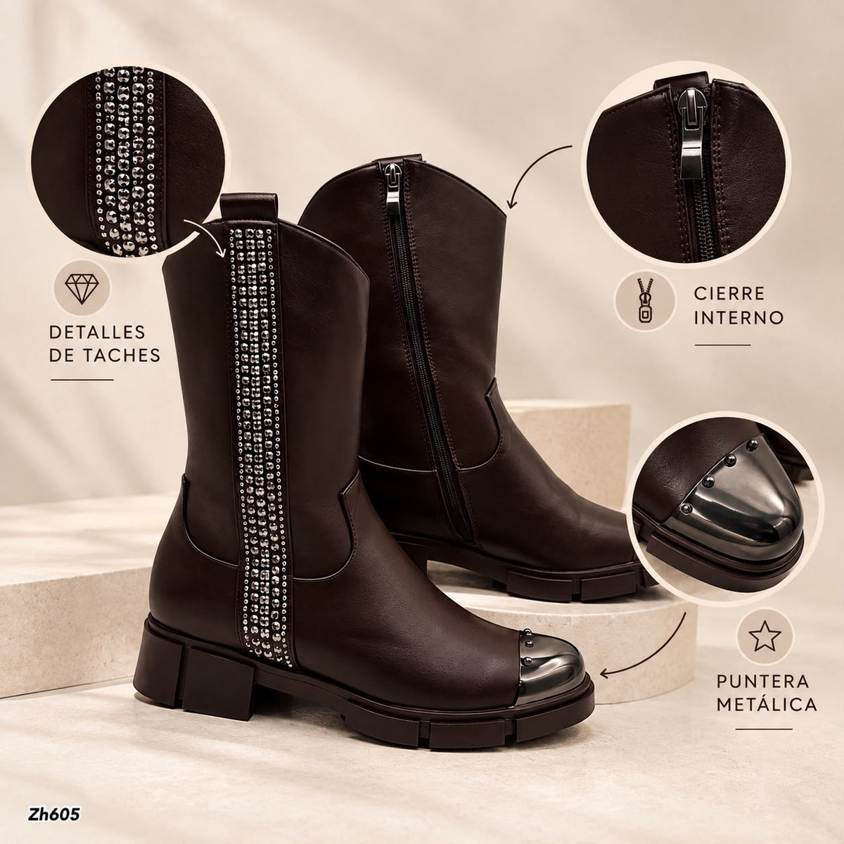 Botin café apliques plateado suela 4cm  HX3128-C1159