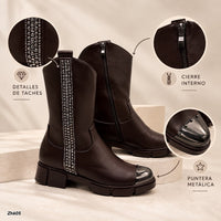 Botin café apliques plateado suela 4cm  HX3128-C1159