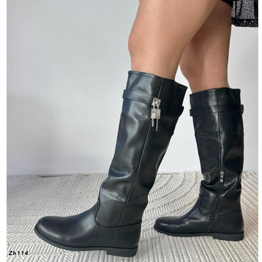 Bota caña alta negro detalle plateado suela 2cm   255-091