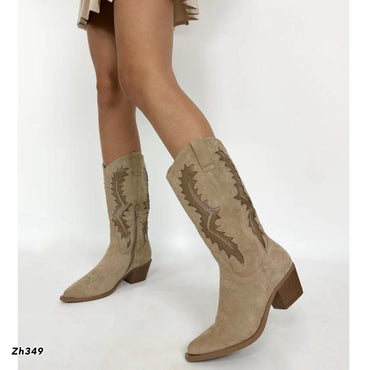 Bota texana beige detalles café tacon 6cm  A9998   C-122