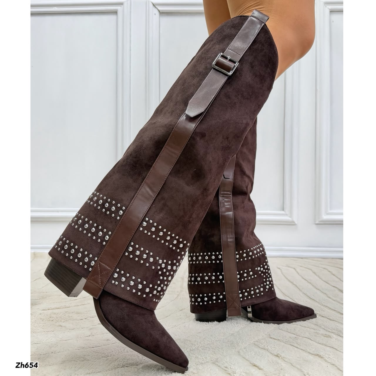Bota texana café doblez apliques plateado tacon 8cm   HX3198-B0204