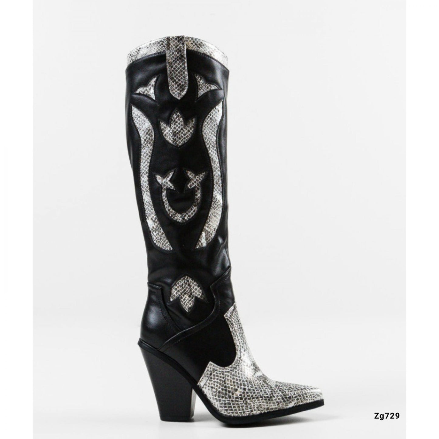 Bota texana negro detalle textura plateado tacon 10cm  B9032  C-74