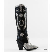 Bota texana negro detalle textura plateado tacon 10cm  B9032  C-74