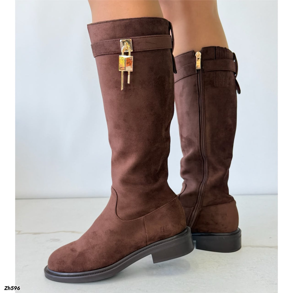 Bota caña alta café detalle dorado tacon 4cm   HX3373-C1799