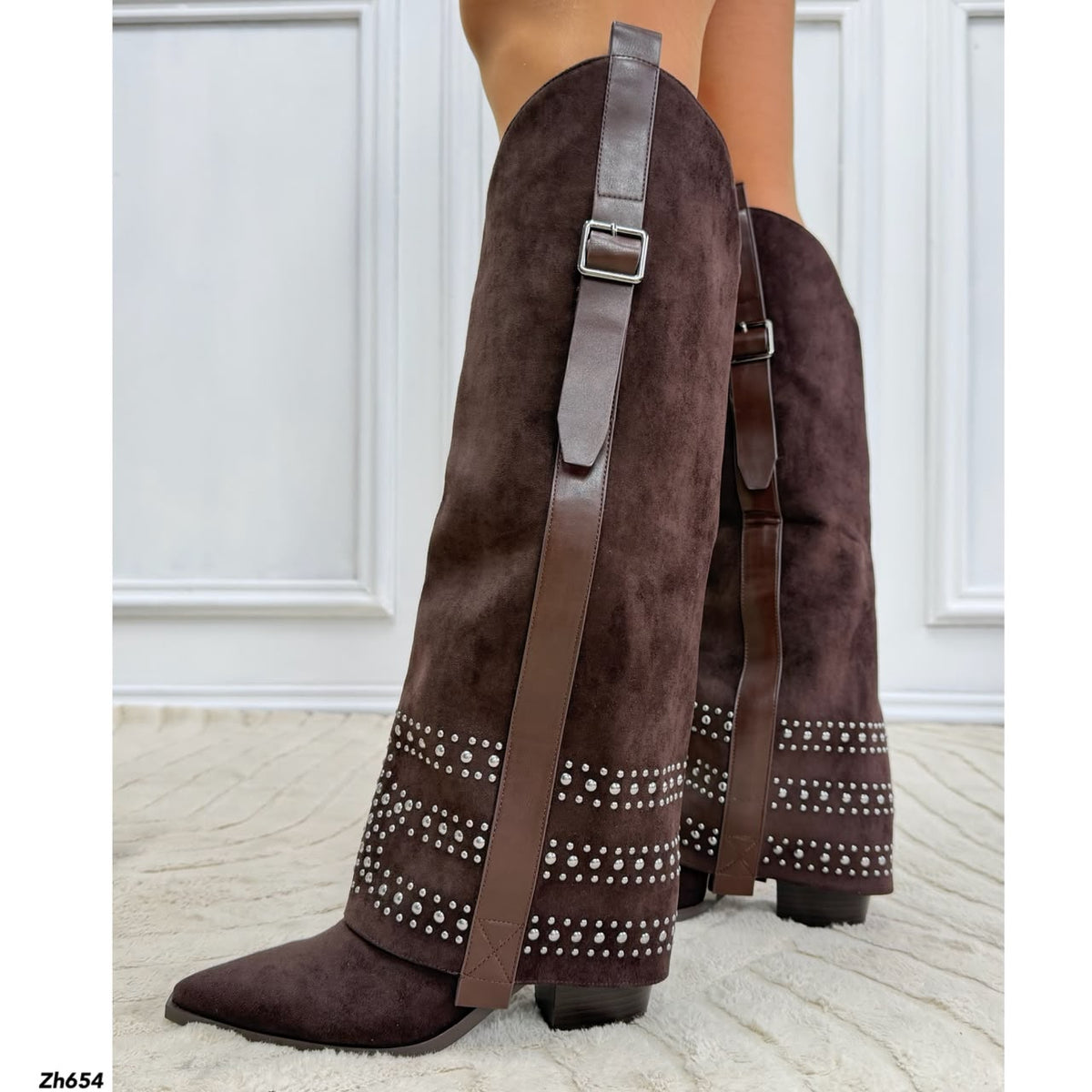 Bota texana café doblez apliques plateado tacon 8cm   HX3198-B0204