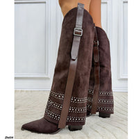 Bota texana café doblez apliques plateado tacon 8cm   HX3198-B0204