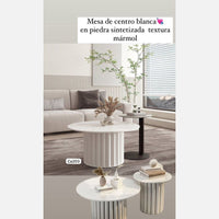 Mesa auxiliar blanco base acanalada aluminio y piedra sintetizada  30cm* 40cm