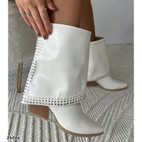 Botin texano blanco doblez apliques plateado tacon 7cm  255-042