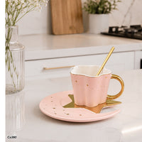 Taza plato luna rosado detalles dorado 120ml