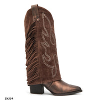 Bota texana café doblez apliques plateado detalle flecos tacon 7cm  M-830  C-81