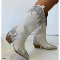 Bota texana beige apliques plateado brillante tacon 6cm  HX3325-C1794