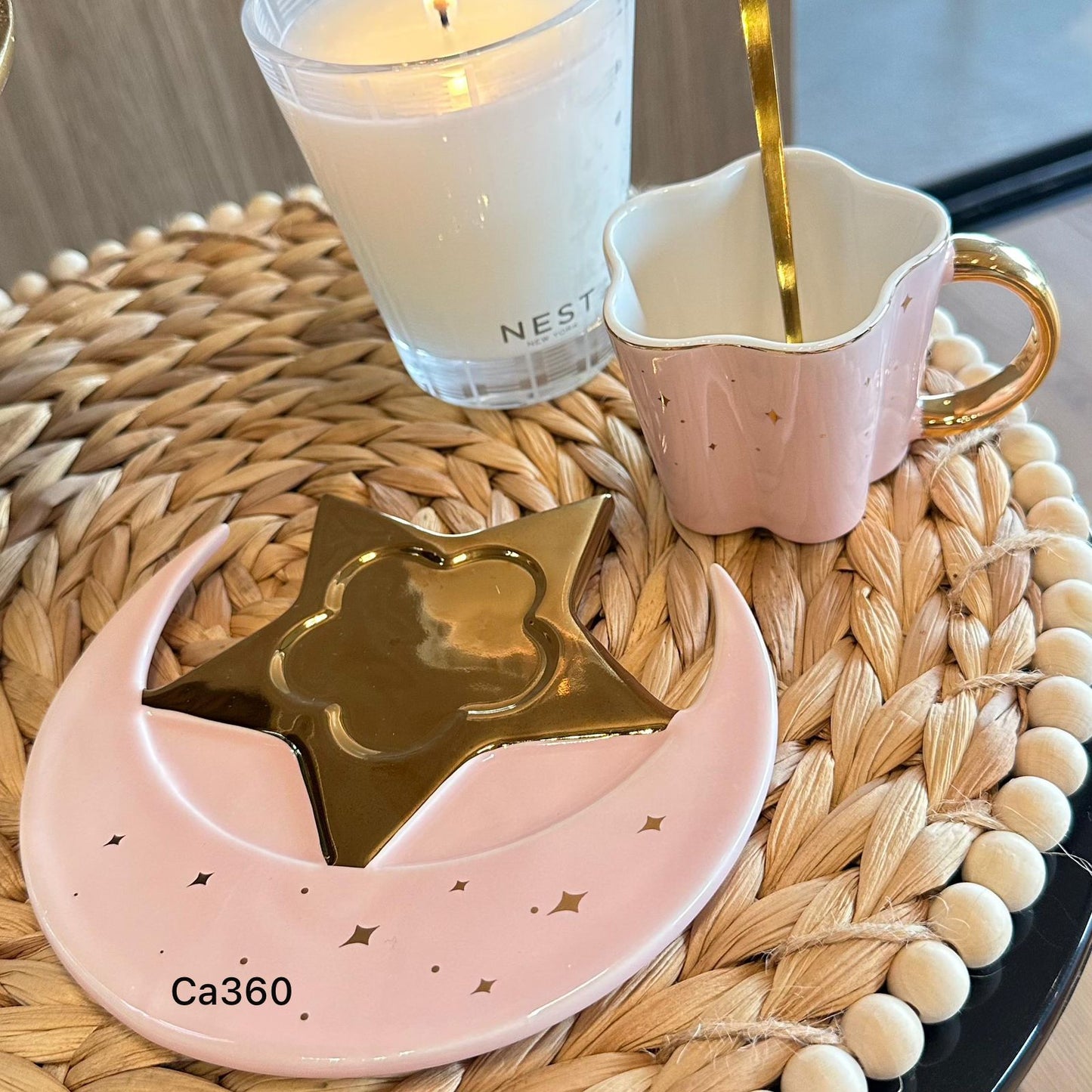 Taza plato luna rosado detalles dorado 120ml