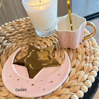 Taza plato luna rosado detalles dorado 120ml