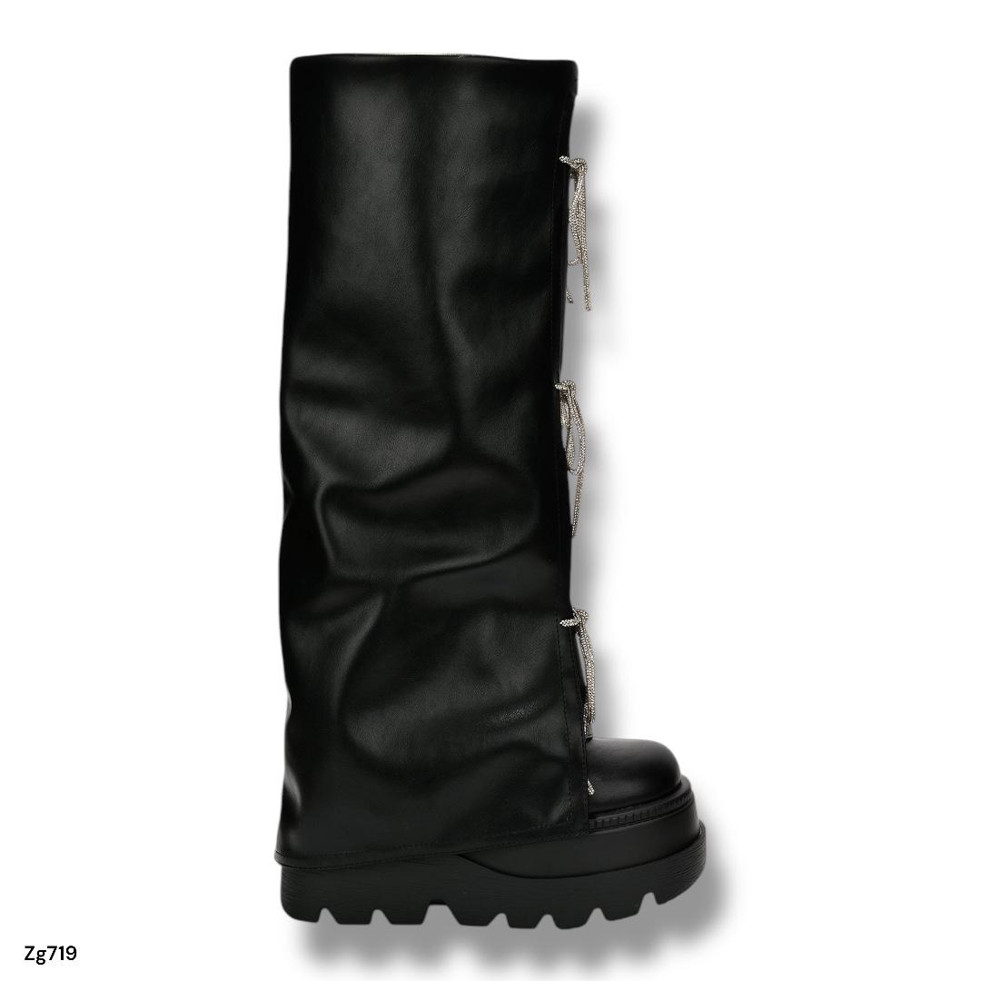 Bota caña alta negro doblez cordon apliques brillantes suela 7cm  52077   C-74