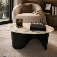 Mesa de centro piedra blanco con betas base metal negro 100cm* 60cm* 40cm