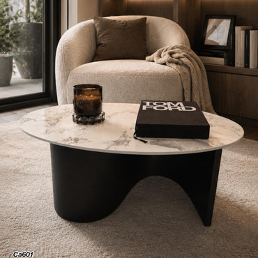 Mesa de centro piedra blanco con betas base metal negro 100cm* 60cm* 40cm