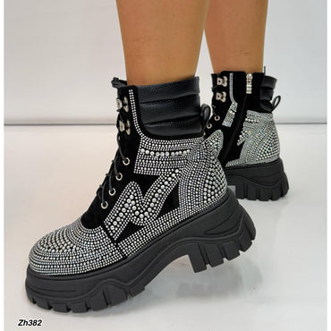 Botin negro apliques plateado brillantes suela 6cm  HX3195-B9647