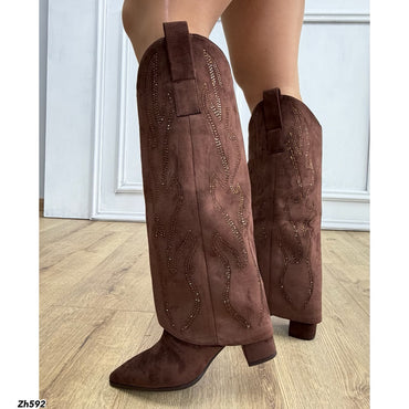 Bota caña alta café doblez apliques brillante tacon 7cm   HX3360-C1783