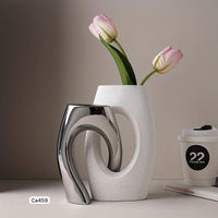 Set dos jarrones union blanco y plateado ceramica 13,5cm* 8cm* 21cm - 12cm* 11cm* 17cm