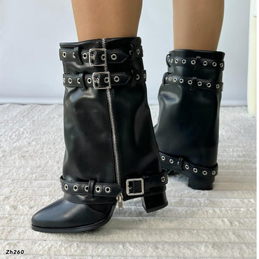 Bota negro doblez detalle correas plateado tacon 10cm  HX3150-B9579