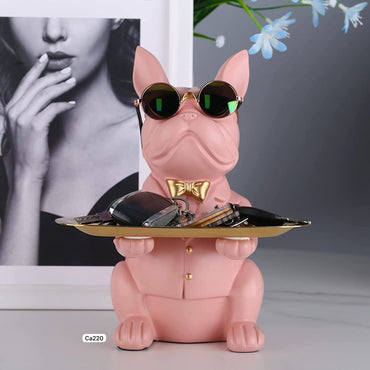 Articulo decorativo perro sentado rosa bandeja en las manos 24cm* 19cm* 20cm