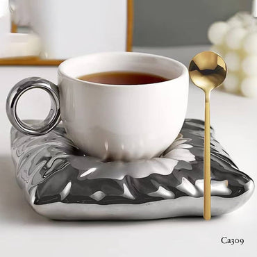 Taza plato cojin plateado-blanco ceramica  220ml
