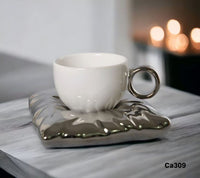 Taza plato cojin plateado-blanco ceramica  220ml