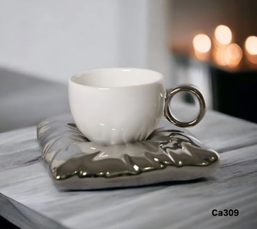 Taza plato cojin plateado-blanco ceramica  220ml