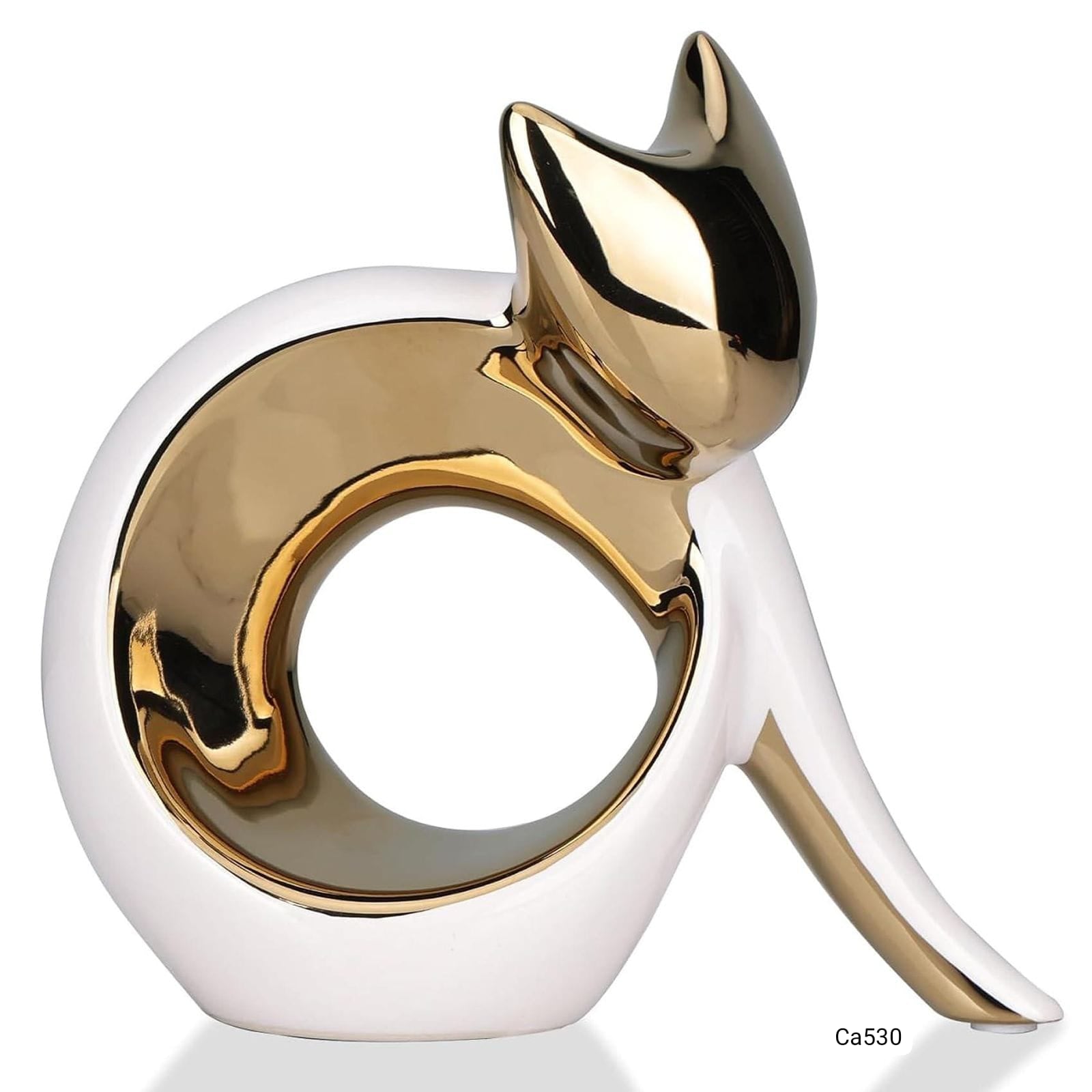 Articulo decorativo gato blanco con dorado diseño circulo  15,5cm* 6cm* 15cm