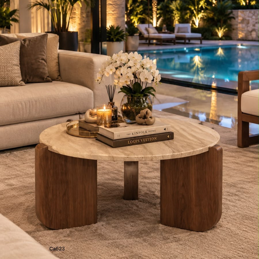 Mesa de centro gris piedra sintetizada base madera  70cm* 35cm