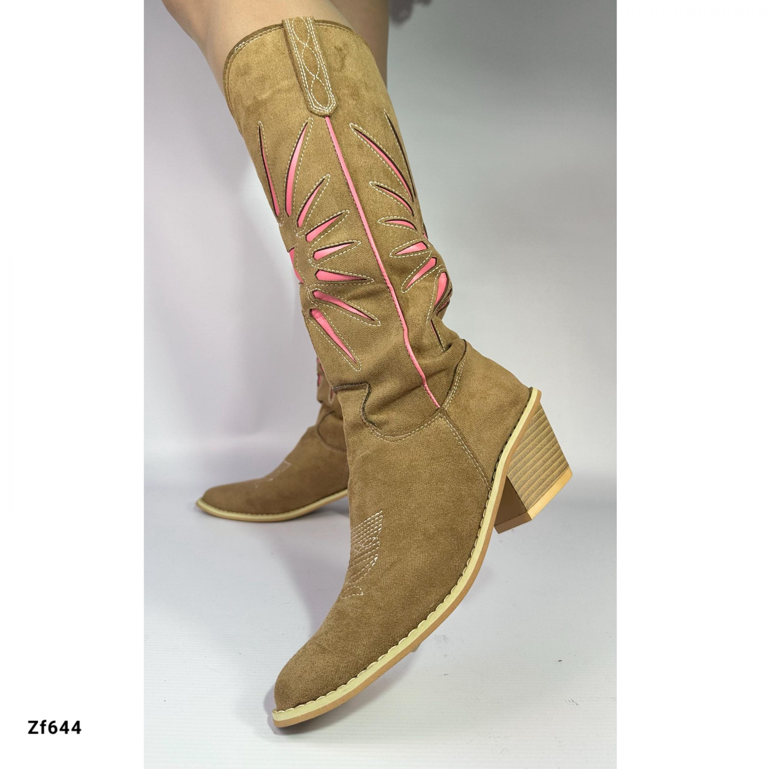 Bota texana café detalles rosa tacon 5cm  BOTA02   C-1