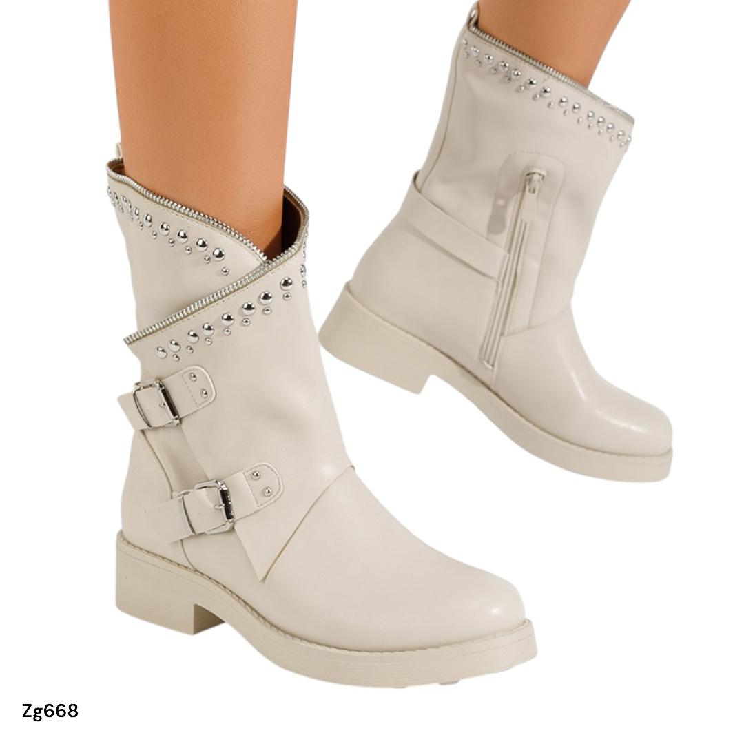 Botin beige apliques plomo detalle correa y cierre suela 3cm  MS1528  C-58