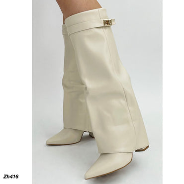 Bota caña alta beige doblez detalle dorado tacon 10cm  SM569  C-142