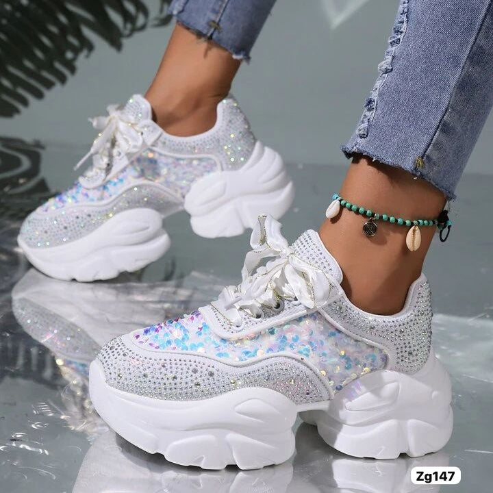 Tenis blanco apliques lentejuelas tornasol suela 5cm  X-49  C-3